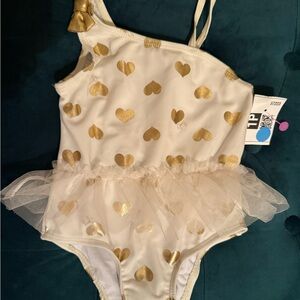 New Juicy Couture Infant Girls Ivory & Gold Hearts Skirted One PC Swimsuit